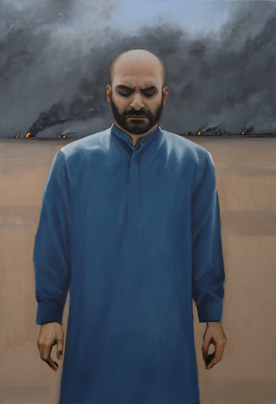 A painting of a man in the desert with oil fires in the background. 