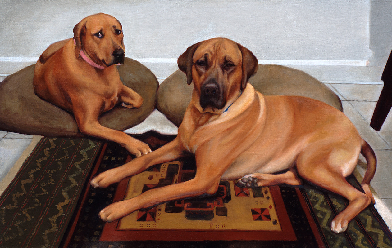 An oil painting of two Rhodesian Ridgeback dogs. 
