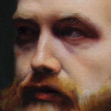 Detail of an oil painting of a man with a large beard. 